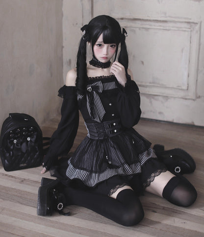 【12月6日予約締切】ブラックアンドストライプロングスリーブサストップス＋リボンケーキスカート＋チョーカー