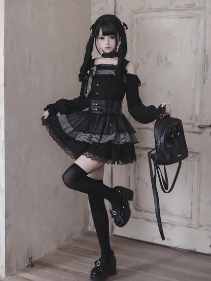【12月6日予約締切】ブラックアンドストライプロングスリーブサストップス＋リボンケーキスカート＋チョーカー