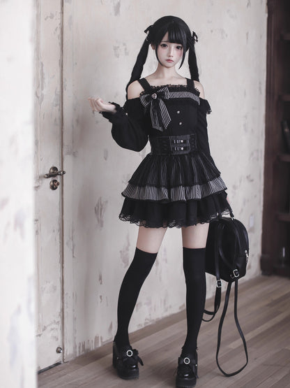 【12月6日予約締切】ブラックアンドストライプロングスリーブサストップス＋リボンケーキスカート＋チョーカー