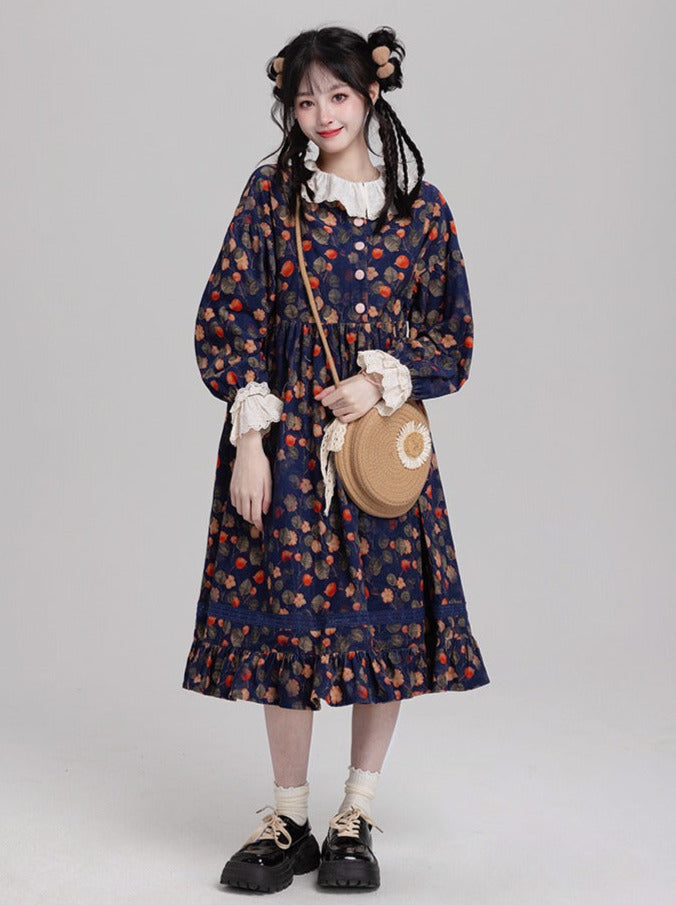 Lace Collar Lantern Sleeveless Retro Flower Dress