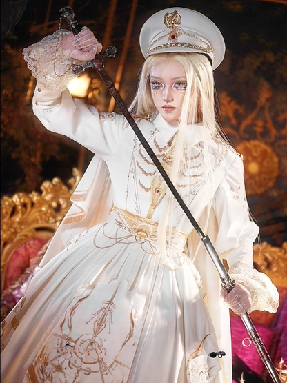 [Pre-order Deadline: November 16] Holy Army White Gold Embroidery Military Uniform Cape Dress Complete Set + Dress Set