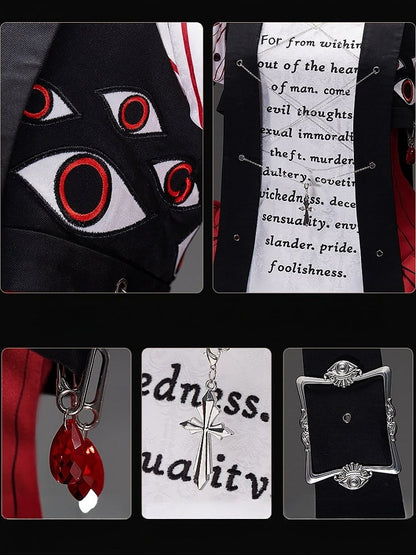 [Vorbestellschluss: 9.19.] Dekadentes dunkles Gothic-Blut-Glockenärmel-Top + schwarze Harness-Weste mit Augenstickerei und Schnallen-Set (Blutstropfen-Motiv-Anhänger + Kreuzmotiv-Anhänger) + weiße Puff-Prinzen-Shorts mit Schnalle
