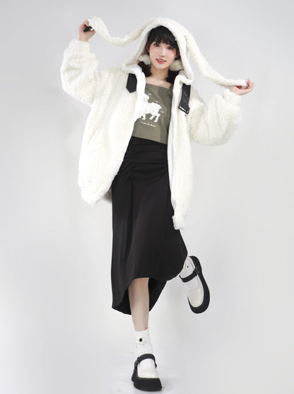 Bunny ears hoodie & sailor faux fur coat + off the shoulder sheep print top + skirt