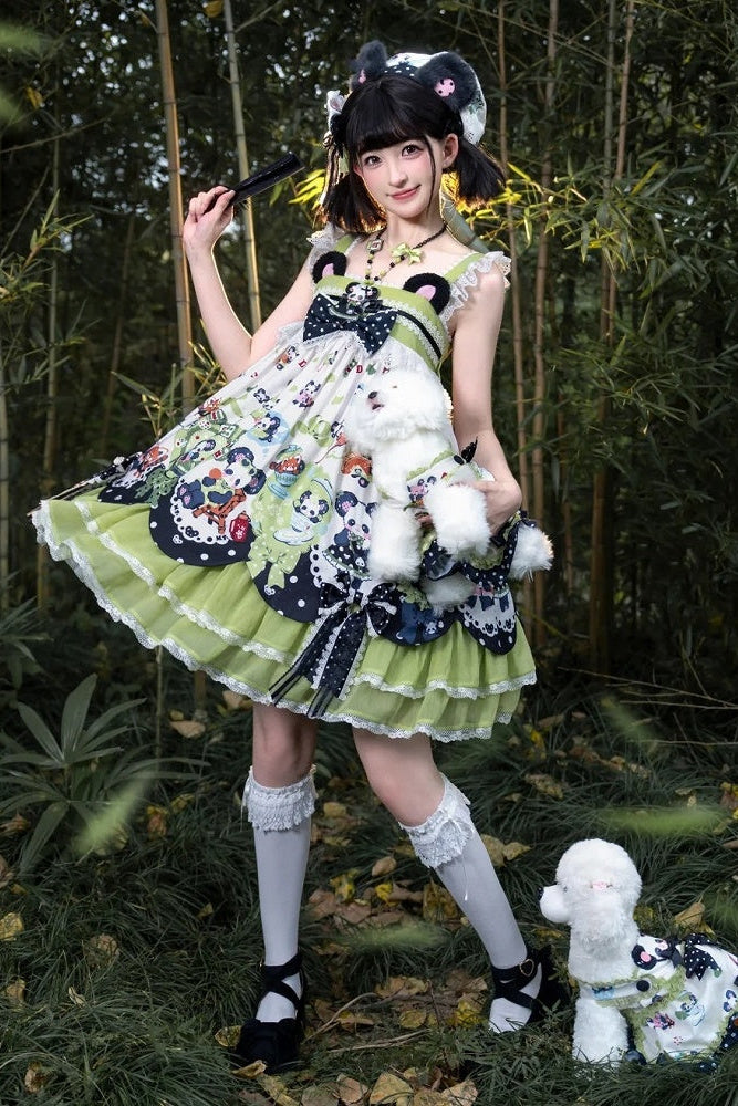 [Pre-order Deadline: October 25] Pink/Green Chinoiserie Lolita Sweet Panda Ear Bow High-Waist Tiered JSK Dress + Bow-Waist Panda Print Dress