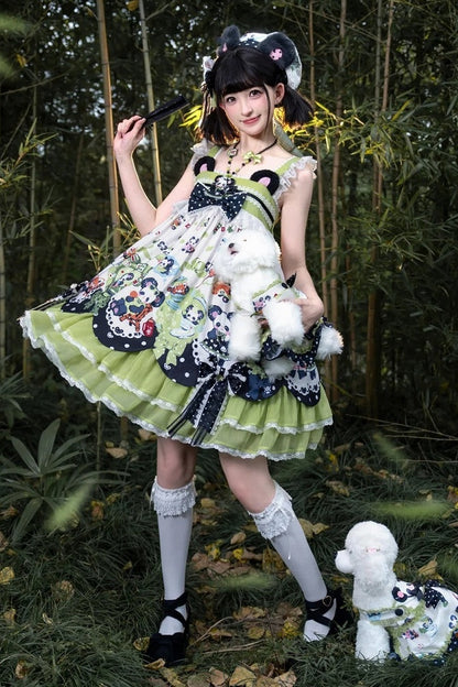 [Pre-order Deadline: October 25] Pink/Green Chinoiserie Lolita Sweet Panda Ear Bow High-Waist Tiered JSK Dress + Bow-Waist Panda Print Dress