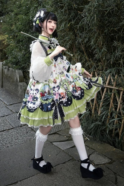 [Pre-order Deadline: October 25] Pink/Green Chinoiserie Lolita Sweet Panda Ear Bow High-Waist Tiered JSK Dress + Bow-Waist Panda Print Dress