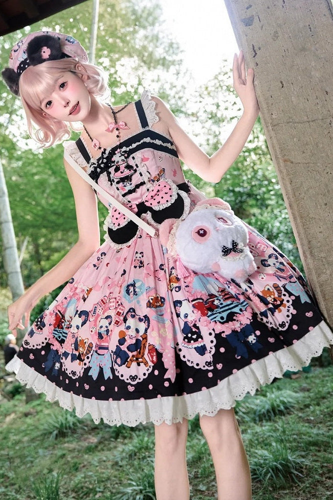 [Pre-order Deadline: October 25] Pink/Green Chinoiserie Lolita Sweet Panda Ear Bow High-Waist Tiered JSK Dress + Bow-Waist Panda Print Dress