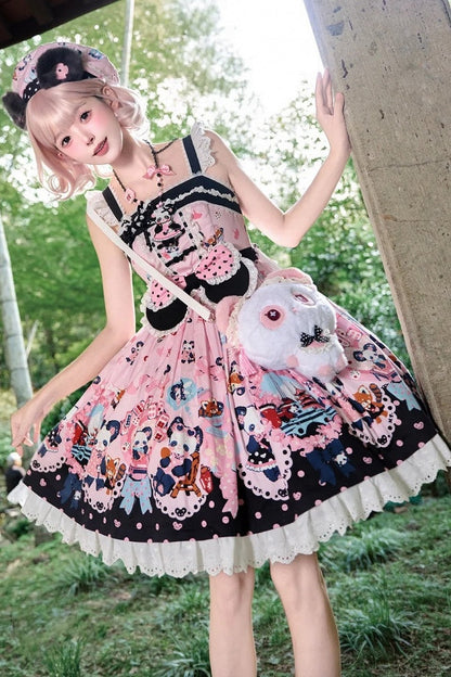 [Pre-order Deadline: October 25] Pink/Green Chinoiserie Lolita Sweet Panda Ear Bow High-Waist Tiered JSK Dress + Bow-Waist Panda Print Dress
