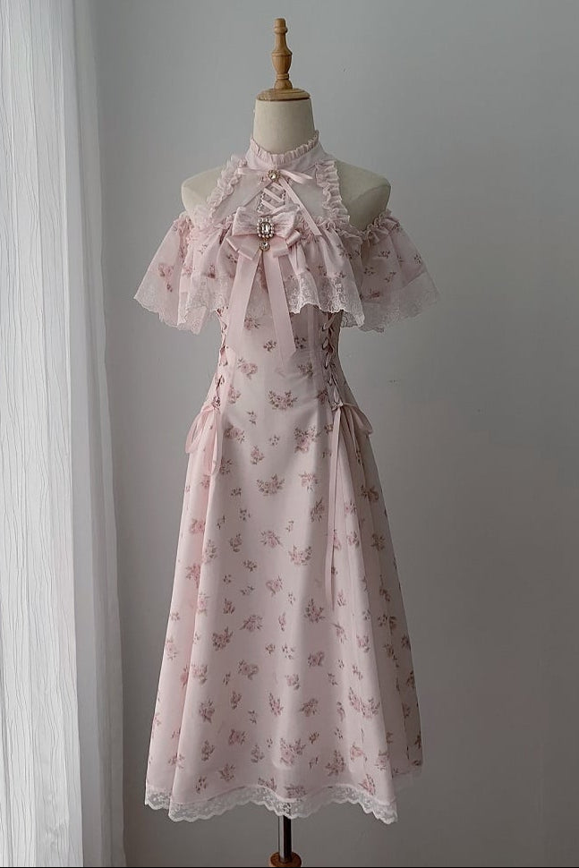 [Preorder Deadline: June 15] Pink Floral Chiffon Lace Jeweled Ribbon Open-Shoulder Long Dress
