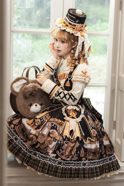 [Reservierungsschluss 8. September] Classic Bear Lolita-Stufenkleid mit weißem Kragen, Karomuster, Spitze und Schleife+Vintage-JSK-Kleid mit Teddybär-Print und Spitze+Vintage-Lolita-Kleid mit Teddybär-Print, Karokragen und klassischem Karomuster
