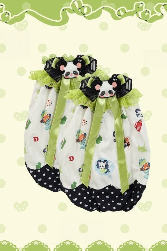 [Pre-order Deadline: October 25] Pink/Green Chinoiserie Lolita Sweet Panda Print Flutter Sleeve Lace Trim Dress + Detachable Flared Sleeves + Leg Covers
