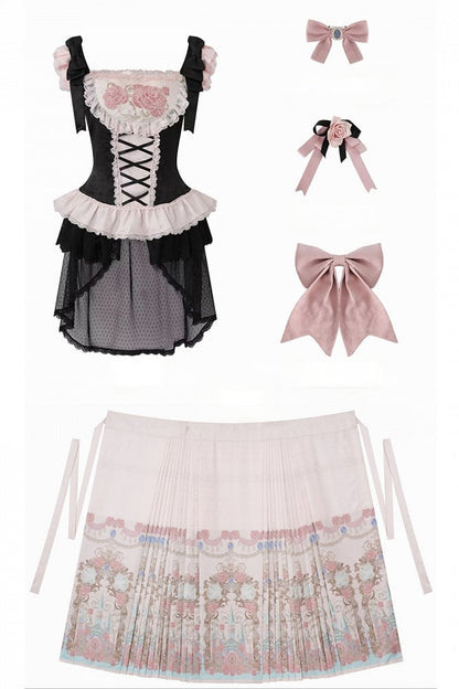 【10月10日予約締切】Black Pink Romantic Rose Castle Classic Lolita Bustier Top Castle Print Pleated Skirt Set-up + Complete Set(Rose Ribbon Lace Hat + Ribbon Hair Clip Included)