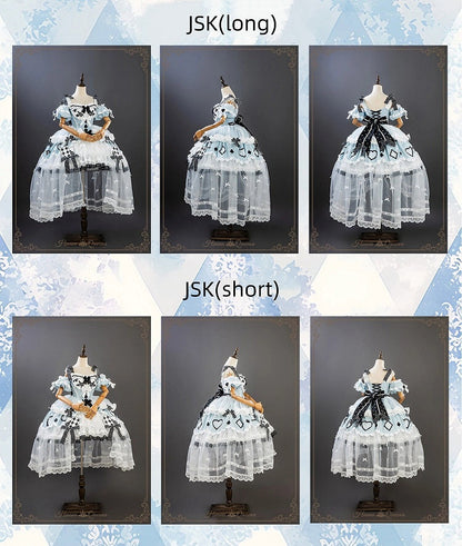 [Cierre de reservas: 24 de julio] Vestido lolita azul de Alicia en el País de las Maravillas con hombros descubiertos, lazo de cartas y superposición de tul (largo/corto)