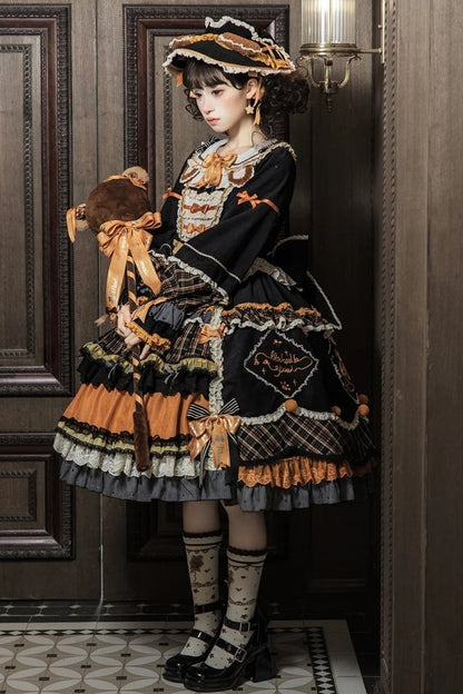 [Reservierungsschluss 8. September] Classic Bear Lolita-Stufenkleid mit weißem Kragen, Karomuster, Spitze und Schleife+Vintage-JSK-Kleid mit Teddybär-Print und Spitze+Vintage-Lolita-Kleid mit Teddybär-Print, Karokragen und klassischem Karomuster