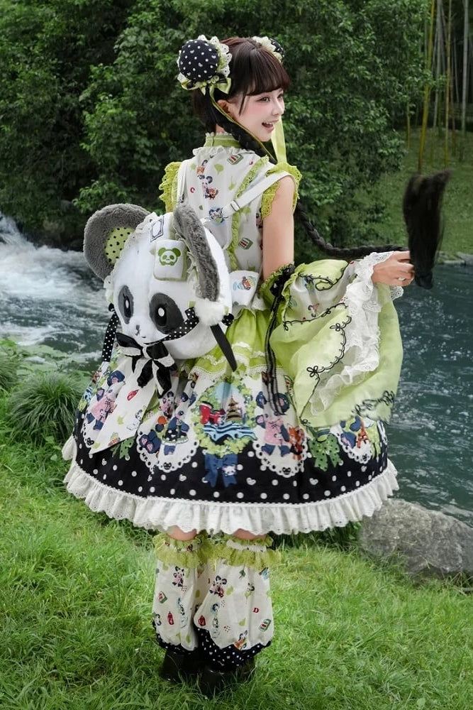 [Pre-order Deadline: October 25] Pink/Green Chinoiserie Lolita Sweet Panda Print Flutter Sleeve Lace Trim Dress + Detachable Flared Sleeves + Leg Covers
