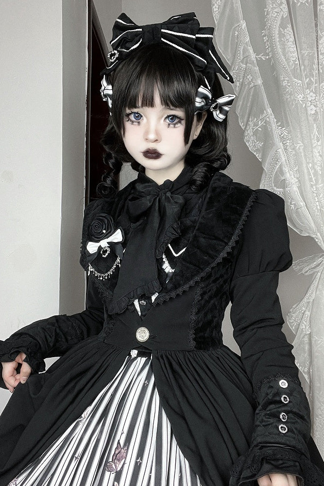 【10月3日予約締切】Black/White Elegant Gothic Series Accessories(Black Butterfly Print Striped Ribbon Hat, Black Rose Ribbon Brooch, Ribbon KC, Hair Clip Pair, Bonnet)