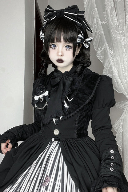 【10月3日予約締切】Black/White Elegant Gothic Series Accessories(Black Butterfly Print Striped Ribbon Hat, Black Rose Ribbon Brooch, Ribbon KC, Hair Clip Pair, Bonnet)