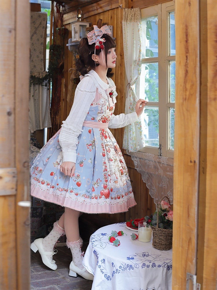 【4月18日预售截止】甜美洛丽塔草莓茶会蕾丝蓝色连衣裙（短款・长款）