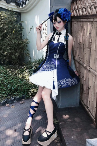 [Reservierungsschluss am 9. Oktober] Dunkelblau-weißes Gothic-Chinese-Lolita-Kleid mit Stickerei eines neunschwänzigen Fuchses + schulterfreie Jacke mit Glockenärmeln im Set