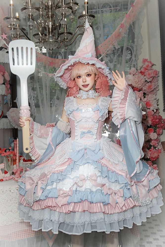 [Cierre de reserva el 14 de septiembre] Conjunto completo Fantasy Sweet Witch de vestido JSK cruzado + cola con lazo grande + capa con capucha + mangas desmontables + sombrero de bruja + mangas exteriores