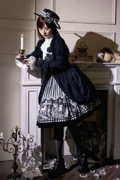 【10月3日予約締切】Black/White Elegant Gothic Series Accessories(Black Butterfly Print Striped Ribbon Hat, Black Rose Ribbon Brooch, Ribbon KC, Hair Clip Pair, Bonnet)