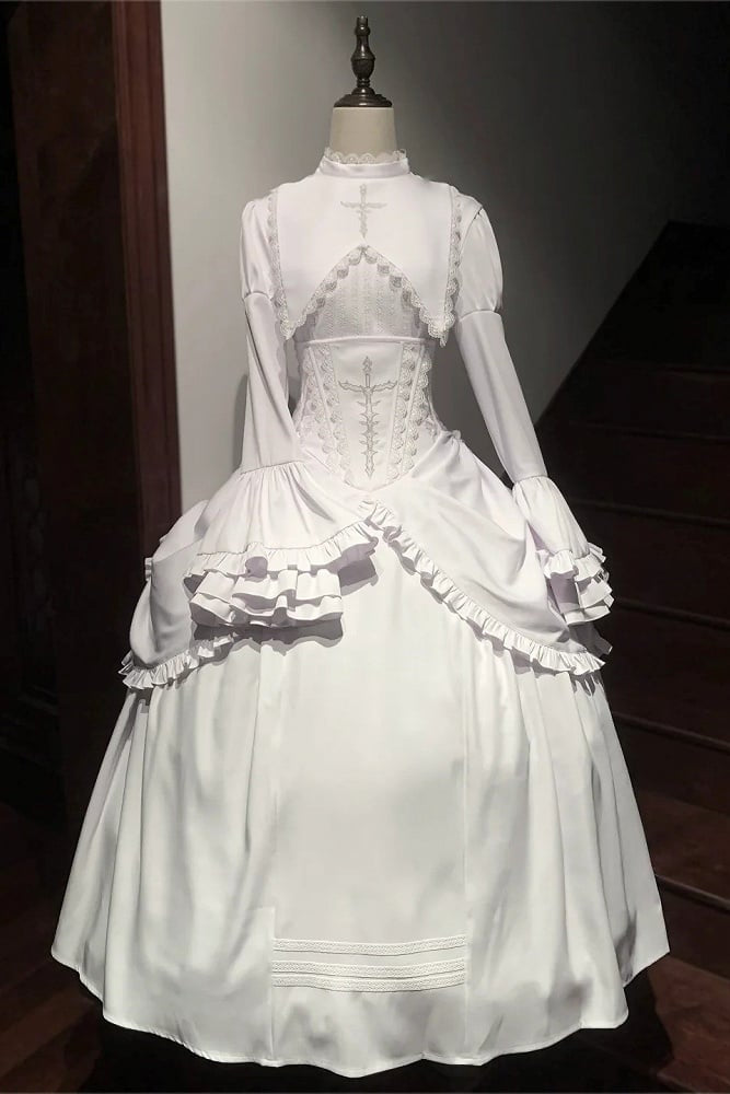 [Termine prenotazione 30 maggio] Abito gothic lolita bianco e nero con maniche svasate + sopragonna a corsetto rialzabile con croci + set completo