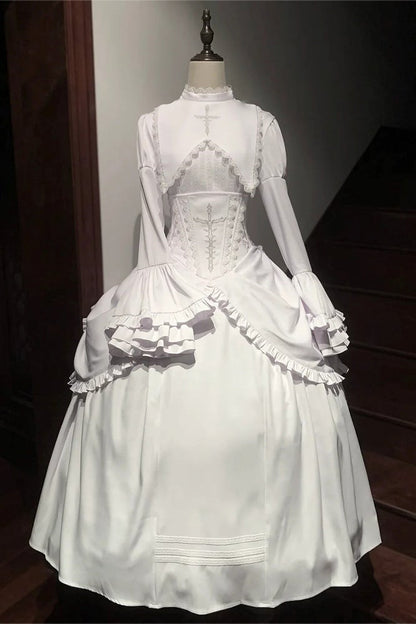 [Termine prenotazione 30 maggio] Abito gothic lolita bianco e nero con maniche svasate + sopragonna a corsetto rialzabile con croci + set completo