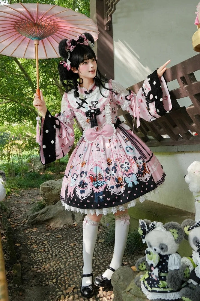 [Pre-order Deadline: October 25] Pink/Green Chinoiserie Lolita Sweet Panda Print Bow Bell Sleeve OP Dress