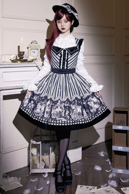 【10月3日予約締切】Black White Striped Gothic Rose Print JKS Dress(Short/Long)+ Low-Waist Square Neck Lace-Up JKS Dress