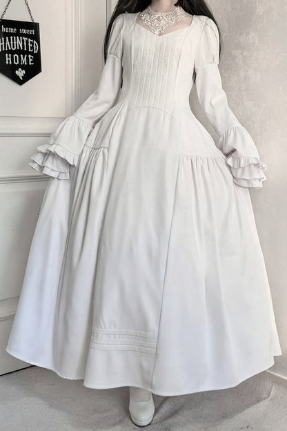 [Termine prenotazione 30 maggio] Abito gothic lolita bianco e nero con maniche svasate + sopragonna a corsetto rialzabile con croci + set completo