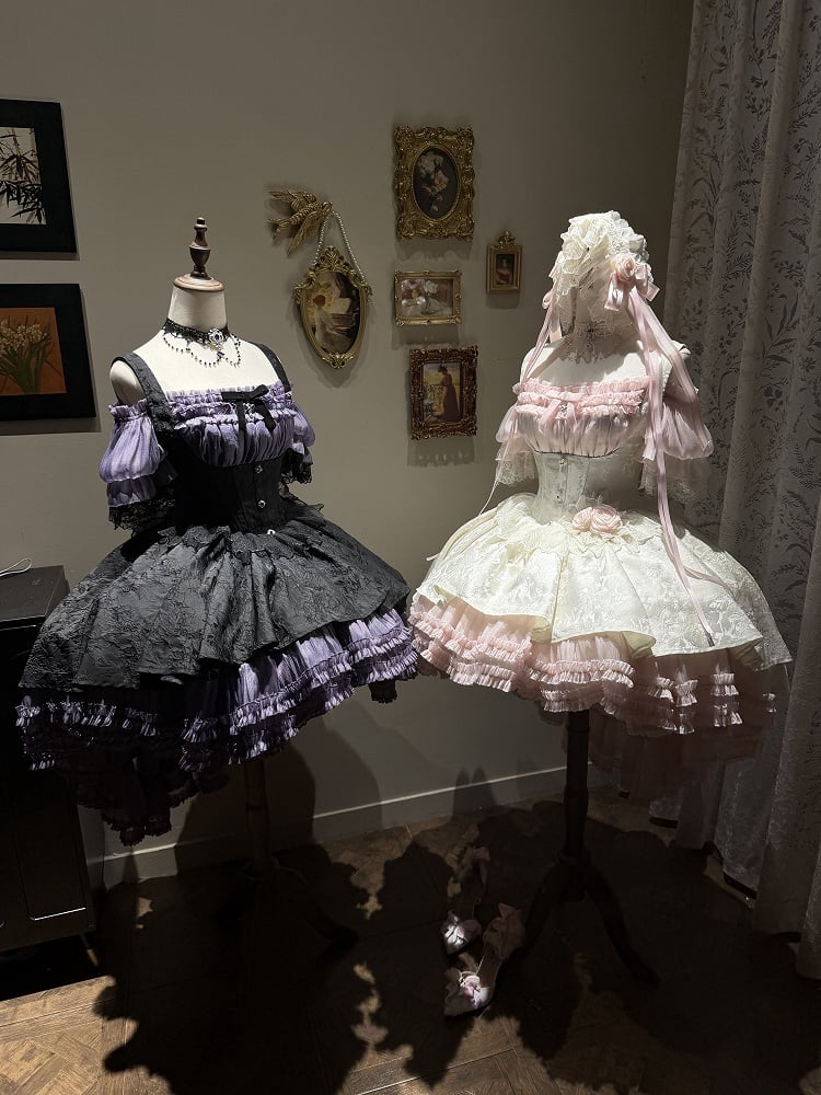 【4月28日予約締切】パープル×ブラックエレガントゴシックロリータコルセットレイヤードJSKドレス＋オフショルダーレースパフトップス