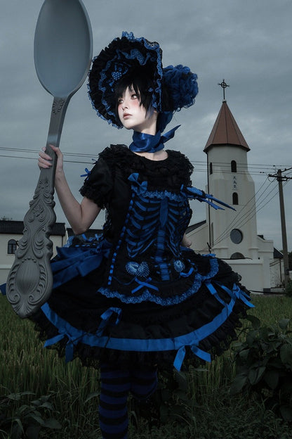 【11月4日予約締切】Blue-Black/Red-Black/Purple-Black Gothic Lolita Puff-Sleeve Lace Bow Doll Dress With Bone Embroidery Apron
