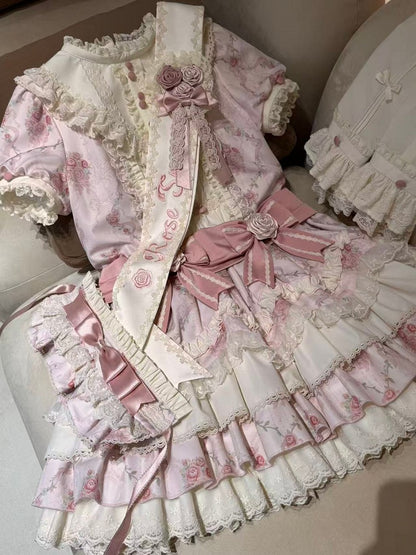 [Reservierungsschluss 7. September] Pink-blaues süßes Lolita-Stufenkleid mit romantischem Rosenprint
