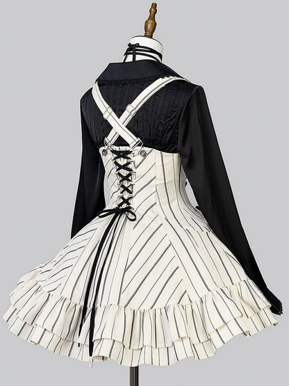 【12月29日予約締切】ゴシックロリータストライプバッククロスフリルサスドレス