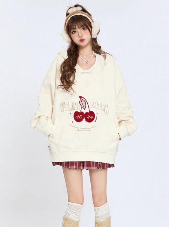 Retro Cherry Embroidery Leaf Hooded Sweatshirt Loose Two Piece