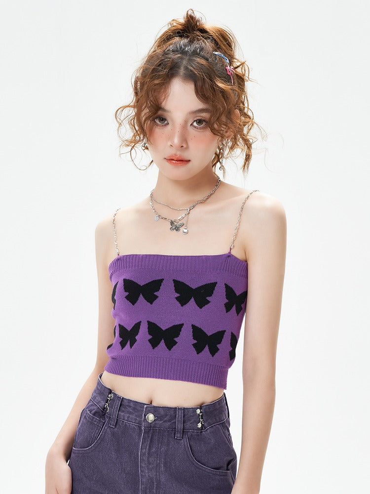 Sweet Spicy Purpul Bata Fly Chain Suspender Knit Tops