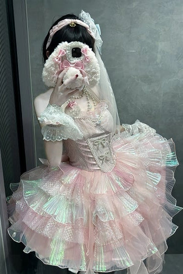 [Pre-order Deadline: April 14] Deep Sea Blue Pink Halter Lolita Corset Dress + Sleeves