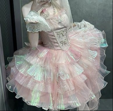 [Pre-order Deadline: April 14] Deep Sea Blue Pink Halter Lolita Corset Dress + Sleeves