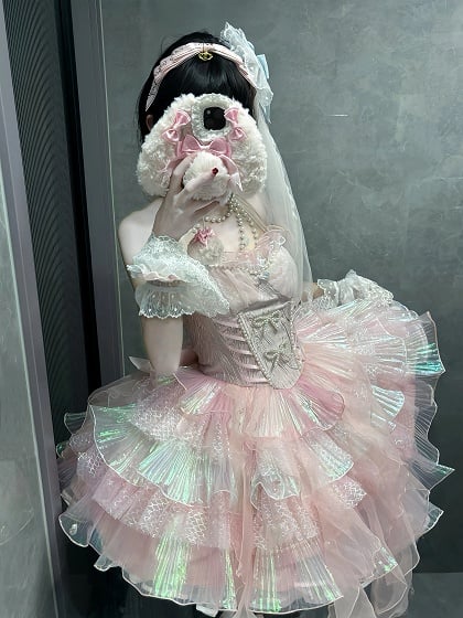 [Pre-order Deadline: April 14] Deep Sea Blue Pink Halter Lolita Corset Dress + Sleeves