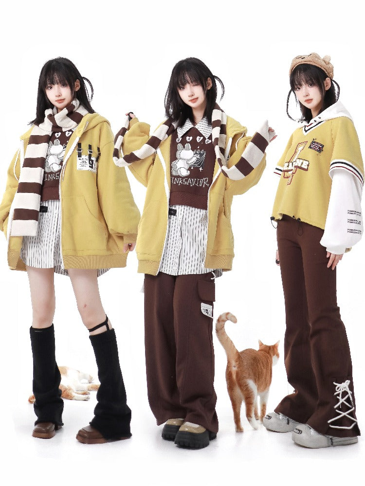 Cheese Chestnut Beige Style Layered New Tral Sweatshirt Pants Jacket Design Set