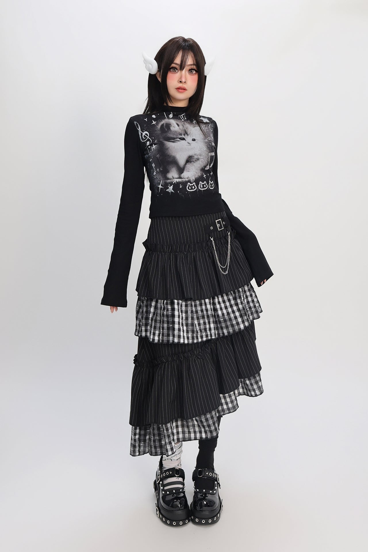 クールパッチワークアートヴィンテージストライプスカート