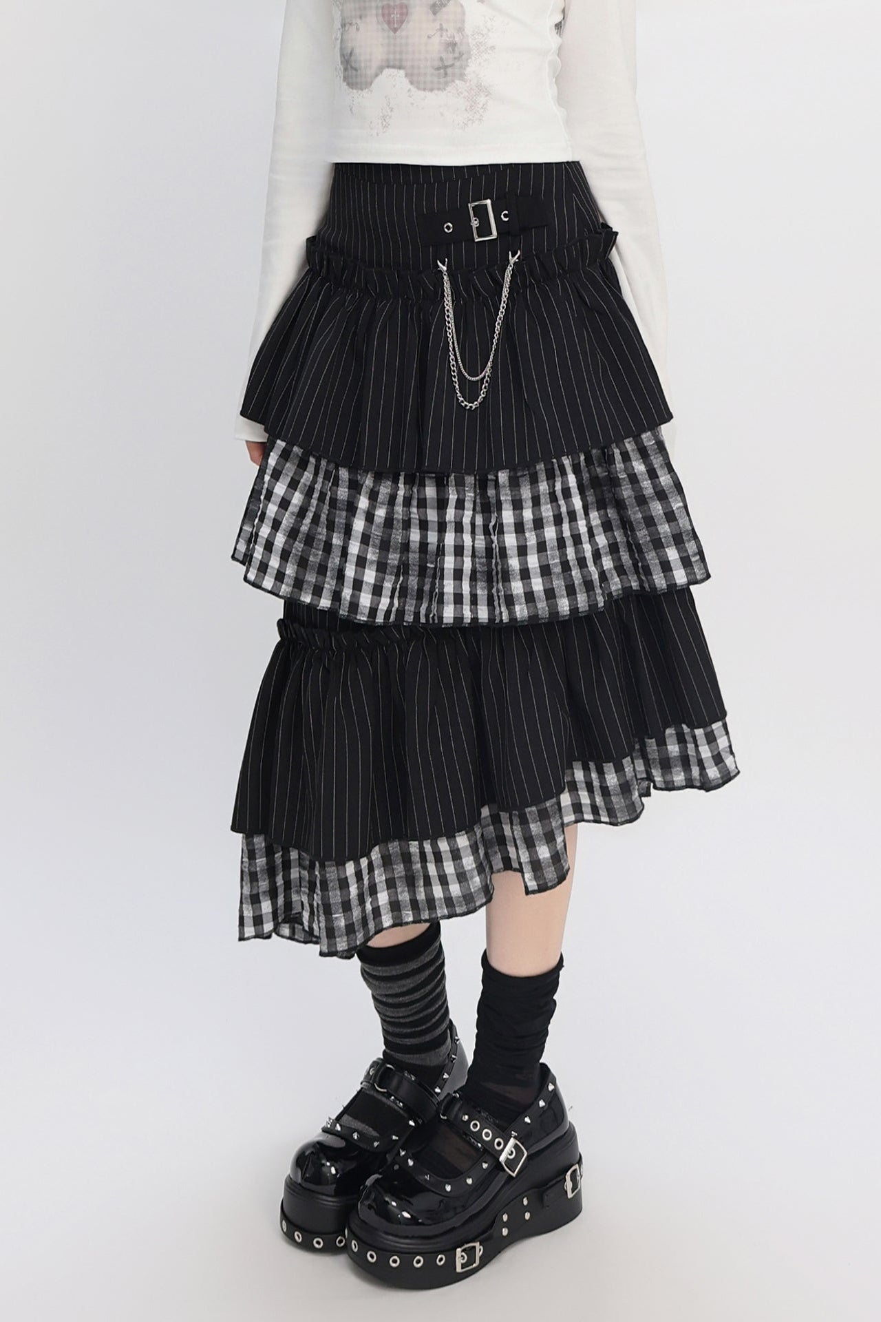 クールパッチワークアートヴィンテージストライプスカート