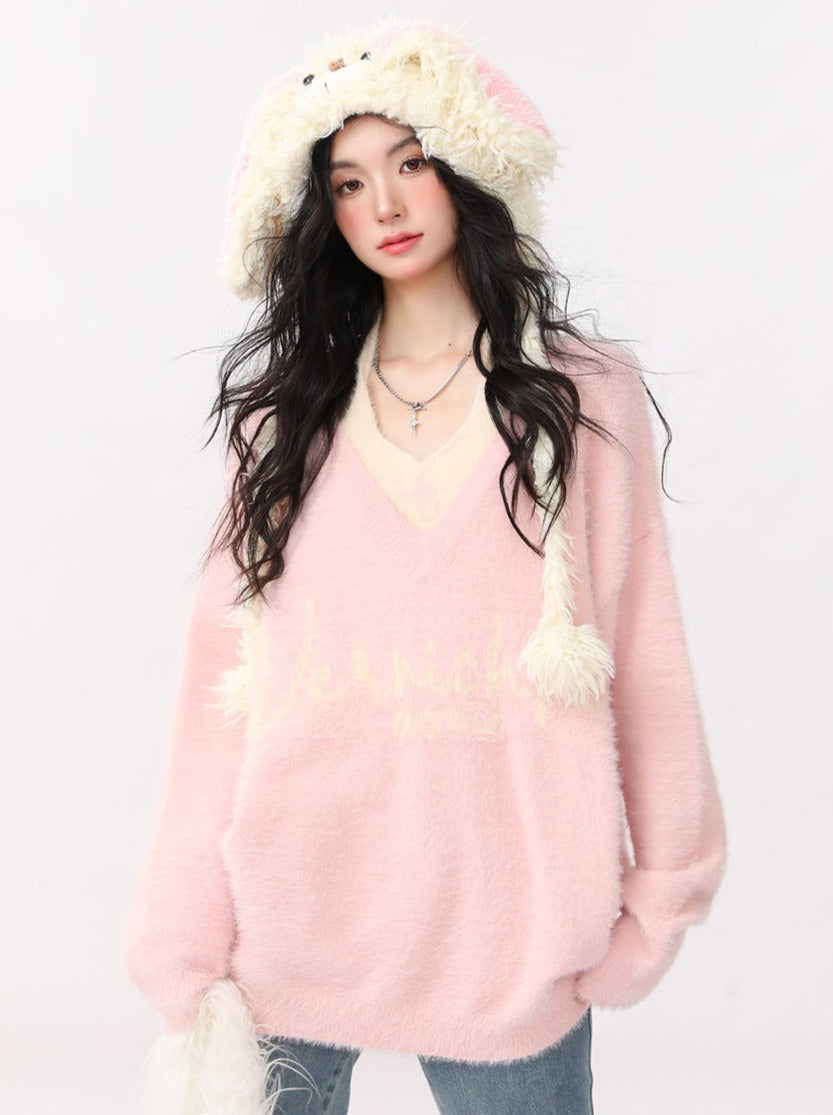 Soft Loose V-Neck Sweet Lazy Style Faux Two Piece Knit Sweater