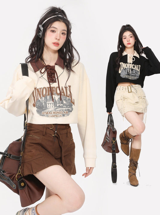 New Style Letter Printed Lapel Short Loose Top