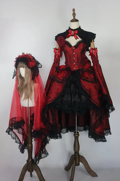 [Date limite de réservation 8 janvier] Set Complet avec Accessoires de Robe Bustier Jacquard Gothic Sombre à Longue Traîne