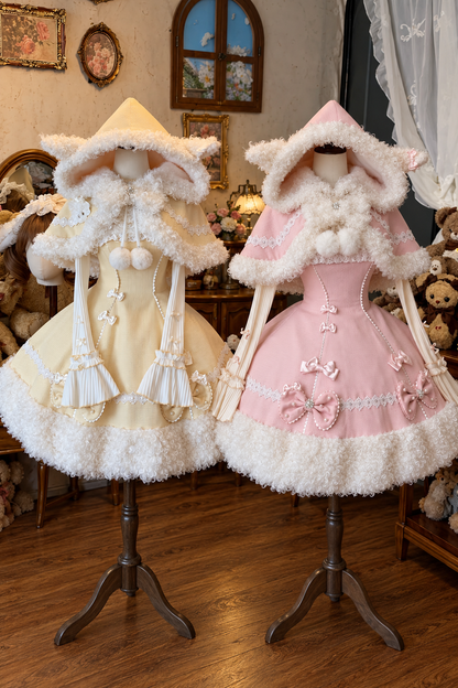 【11月7日予約締切】Yellow/Pink Sweet Lolita Lace Ribbon Fluffy Hem JSK Dress + Ruffle Neck Ribbed Bell Sleeve Top