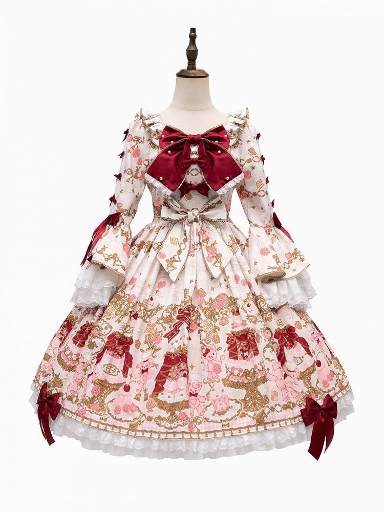 【4月26日予約締切】レトロロマンスイートロリータリボンケーキプリントゴージャス姫袖ドレス