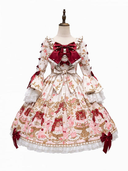 【4月26日予約締切】レトロロマンスイートロリータリボンケーキプリントゴージャス姫袖ドレス