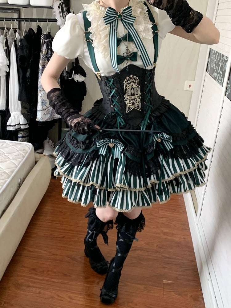 [Pre-order Deadline: May 20] Magical Girl Lolita Elegant Lace Puff Sleeve Shirt + Black x Green Ribbon Corset Tiered Dress + Mini Hat