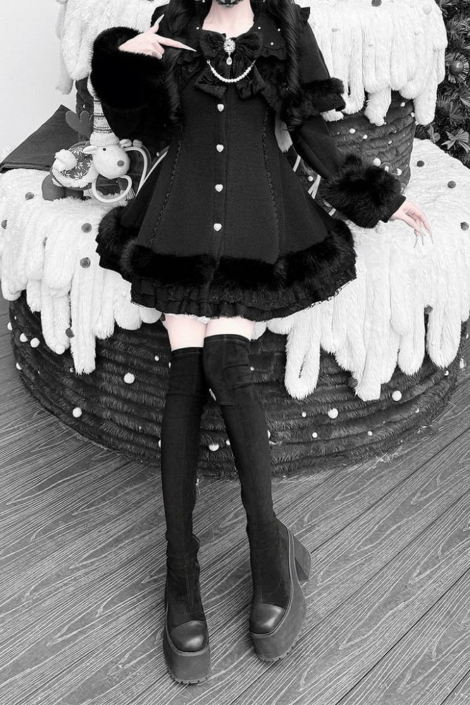 【11月13日予約締切】Black Pearl Bow-Tie Fur Coat With Detachable Cape And Fur Cuffs